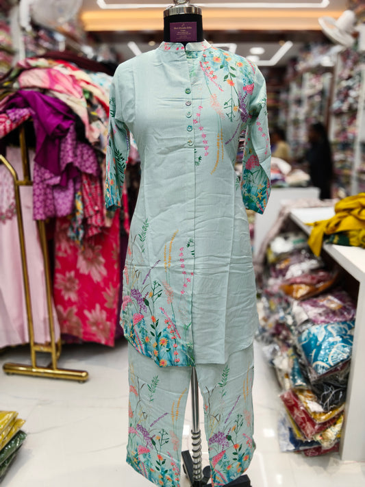 Ice Blue Digital Garden Print Khadi Cotton Co Ord Set - KCCS03