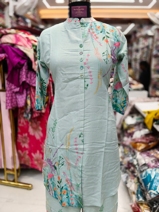 Ice Blue Digital Garden Print Khadi Cotton Co Ord Set - KCCS03