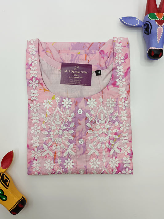 Pure Linen Embroidery Kurti - Pink