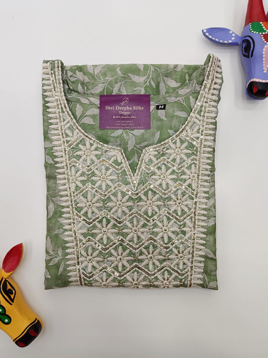 Pure Chanderi Embroidery Kurti - Green