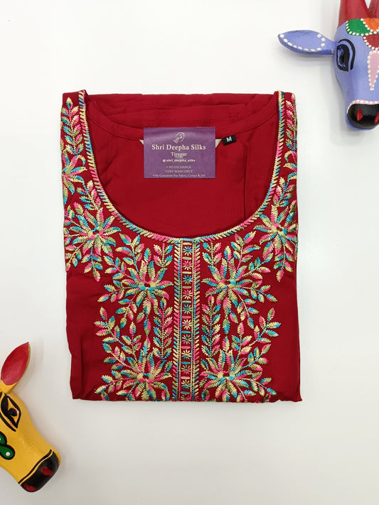Pure Spun Cotton Embroidery Kurti - Red