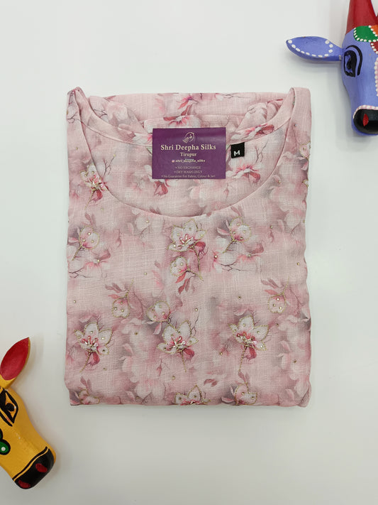 Pure Linen Embroidery Kurti - Pink