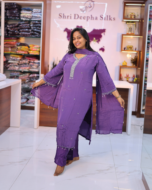 Party Wear Shimmer Silk Purple Stone Work 3 Pcs Salwar Set - PSSS01