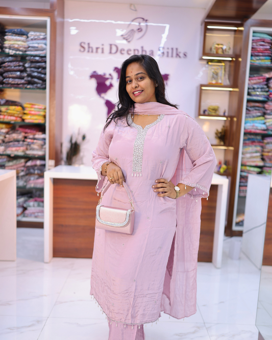 Party Wear Shimmer Silk Lilac Stone Work 3 Pcs Salwar Set - PSSS02
