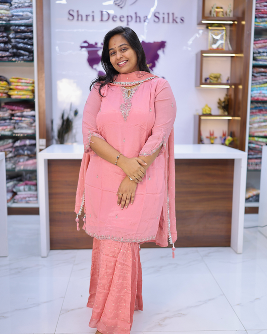 Party Wear Shimmer Silk Peach Stone Work 3 Pcs Salwar Set - PSSS07