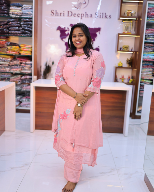 Party Wear Shimmer Silk Baby Pink Stone Work 3 Pcs Salwar Set - PSSS06