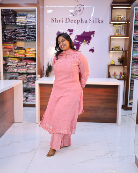 Party Wear Shimmer Silk Peach Stone Work 3 Pcs Salwar Set - PSSS04