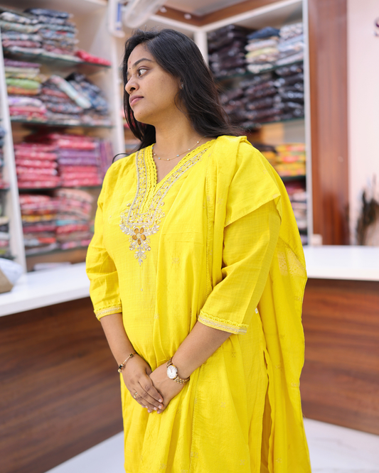 Party Wear Shimmer Silk Yellow Stone Work 3 Pcs Salwar Set - PSSS08