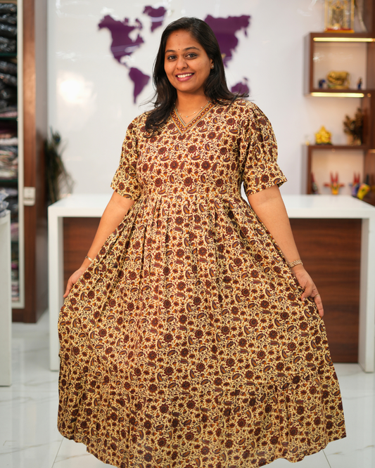 Jaipur Cotton Brown Floral Kalamkari Midi - BKMD08