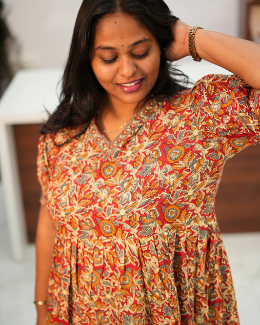 Jaipur Cotton Rust Red Floral Kalamkari Midi - BKMD09