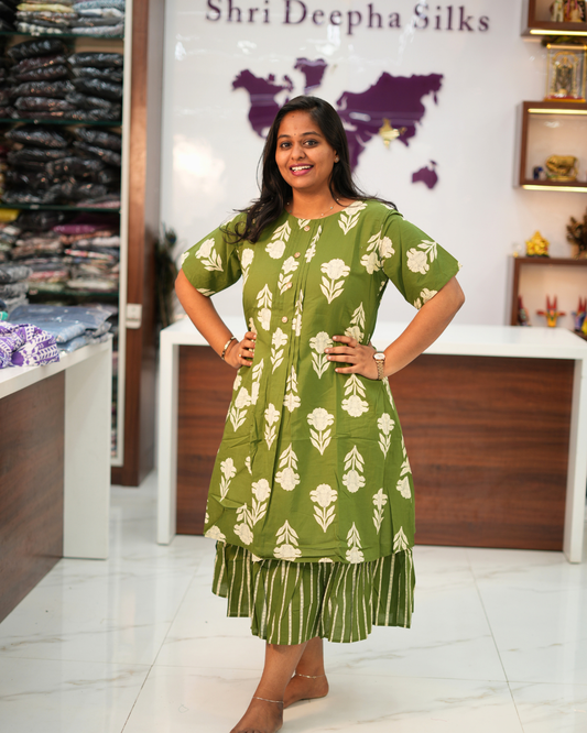 Jaipur Cotton Olive Blossom Layered Midi - BKMD11