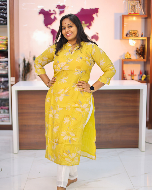 Premium Muslin Silk Yellow Collar Neck Kurti - MSKT04