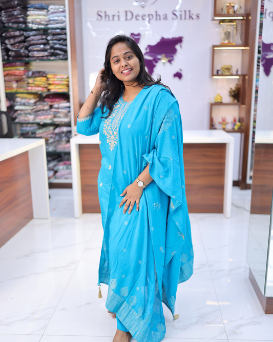Blue Elegant Embroidery Vatican Silk 3 Pcs Salwar Set - BPSS09