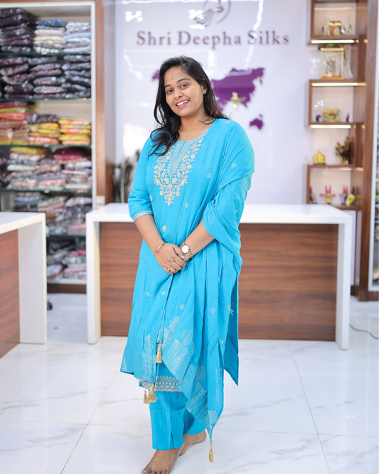 Blue Elegant Embroidery Vatican Silk 3 Pcs Salwar Set - BPSS09