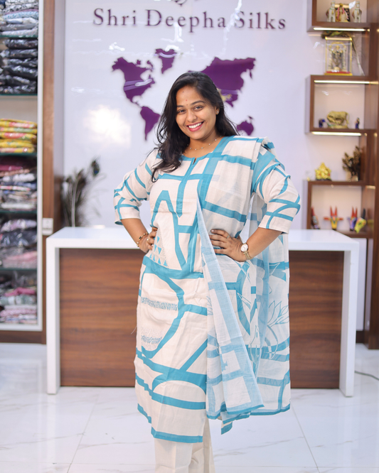 Minimal Cream Linen ice blue 3 Pcs Salwar Set - PPSS49
