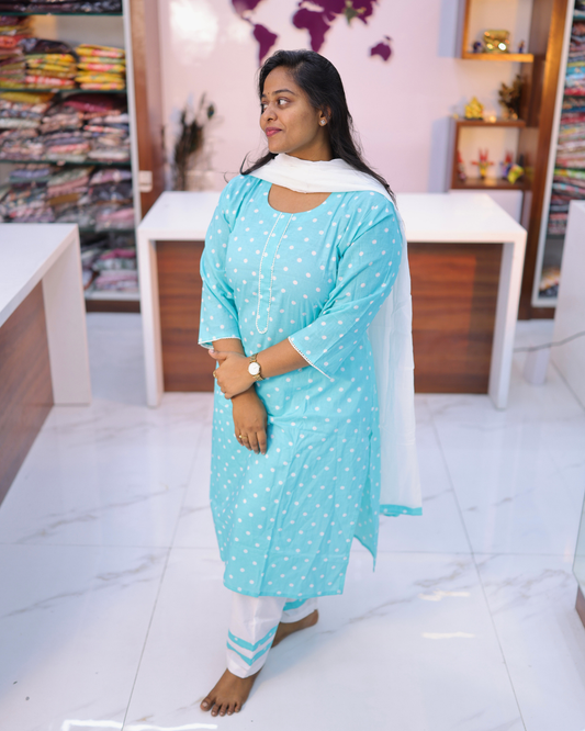 Pure Cotton Blue Polka Dots 3 Pcs Salwar Set