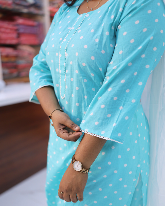 Pure Cotton Blue Polka Dots 3 Pcs Salwar Set