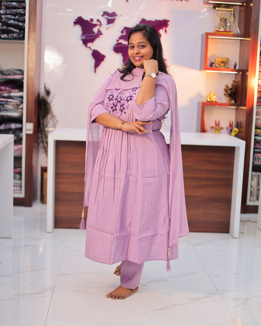 Premium Ethnic & Party Wear Thread Work Tussar Silk Lilac Anarkali Set - MTSS03