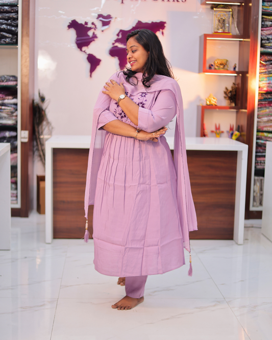 Premium Ethnic & Party Wear Thread Work Tussar Silk Lilac Anarkali Set - MTSS03