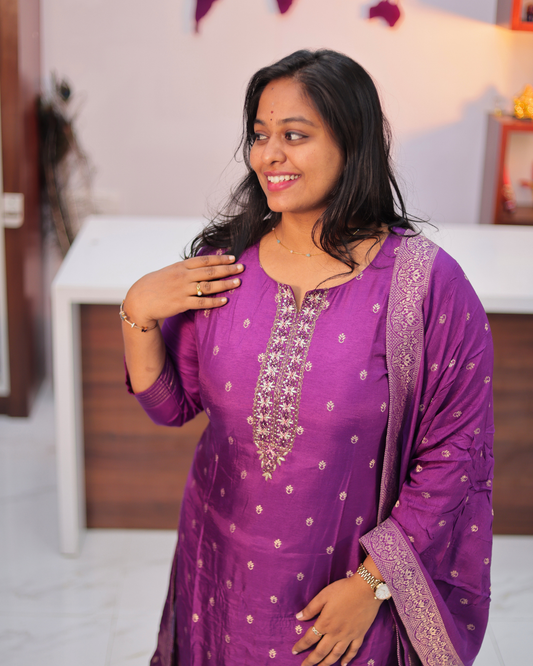 Premium Ethnic & Party Wear Hand Embroidery Banarasi Silk Purple Salwar Set - MTSS05