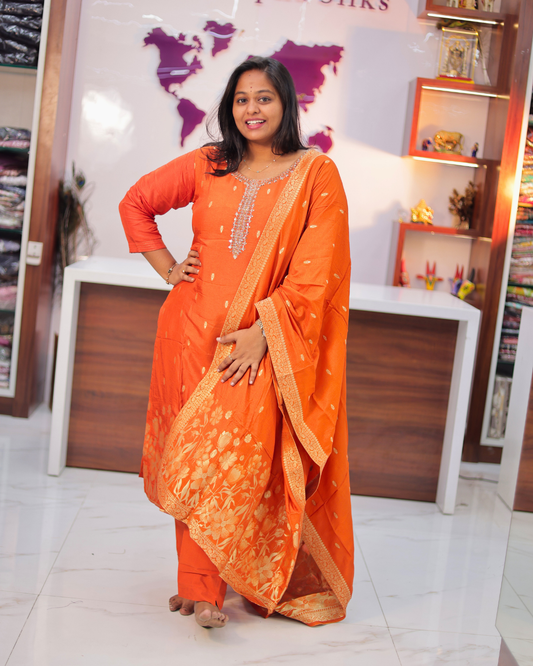 Premium Ethnic & Party Wear Hand Embroidery Banarasi Silk Orange Salwar Set - MTSS06