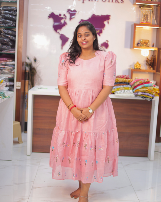 Candy Peach Embroidered Kota Cotton Puff Midi - ASMD04