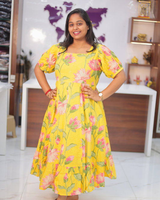 Jaipur Cotton Golden Yellow Puff Midi - STMD05