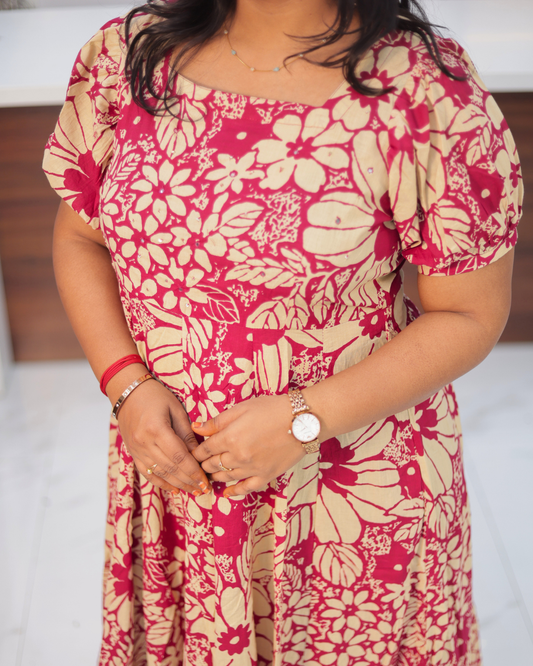 Jaipur Cotton Pink Floral Puff Midi - STMD08