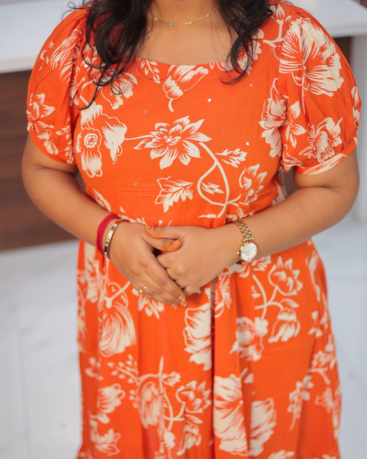Jaipur Cotton Rust Orange Puff Midi - STMD06