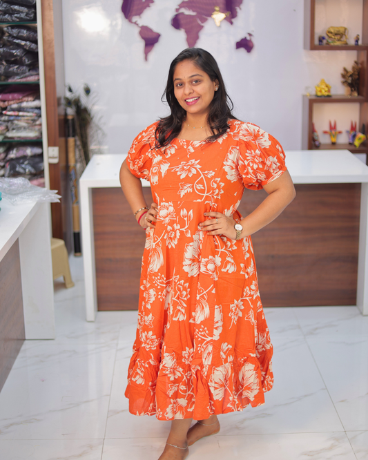 Jaipur Cotton Rust Orange Puff Midi - STMD06