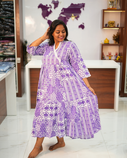 Jaipur Cotton Lavender Block Print Tiered Midi - BKMD07
