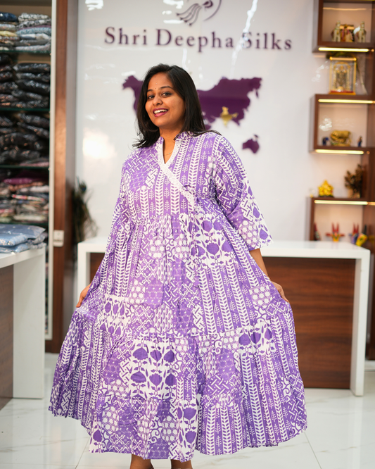 Jaipur Cotton Lavender Block Print Tiered Midi - BKMD07