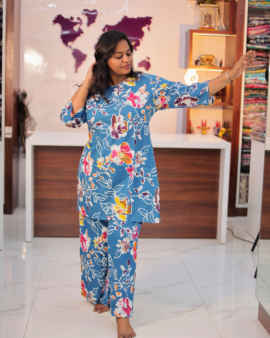 Pure Cotton Blue Floral Short Co Ord Set - EICS02