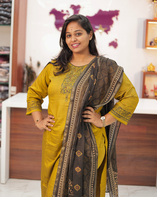 Hand Block Hand Embroidery Soft Cotton with Silky touch Mehendi Salwar Set - IBSS12