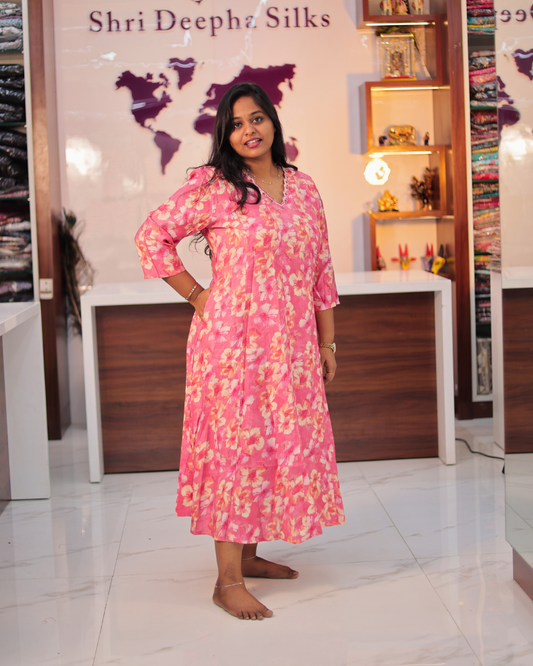 Modal Silk V Neck Peach Kalli Kurti - EIAK01