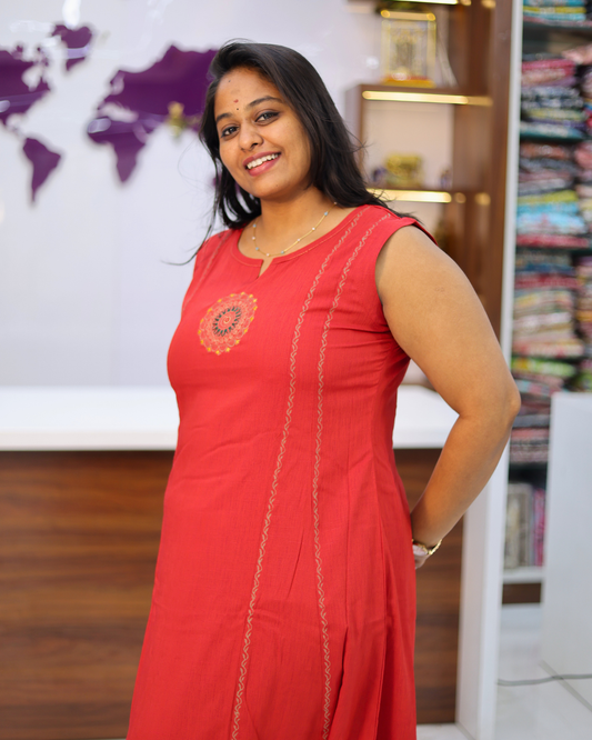 Hand Block Hand Embroidery Soft Cotton with Silky touch Red Co Ord Set - IBCS03