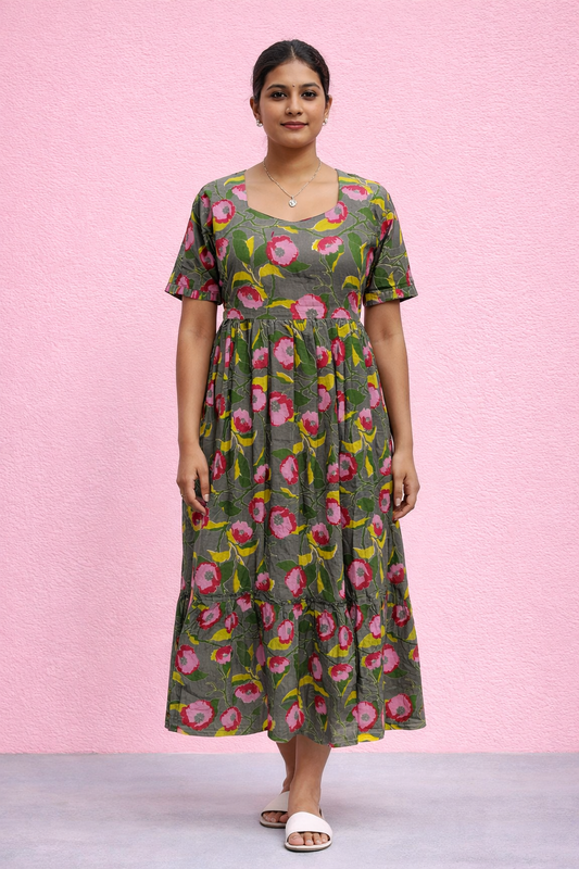 Kalamkari Cotton Puff Midi - KKMD38