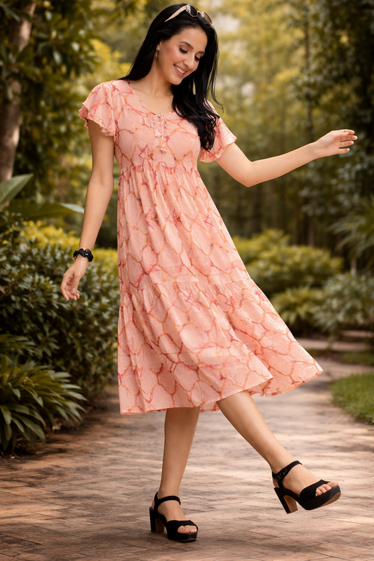 Trendy Vacation Pink With Mustard Western Midi- TVSC35