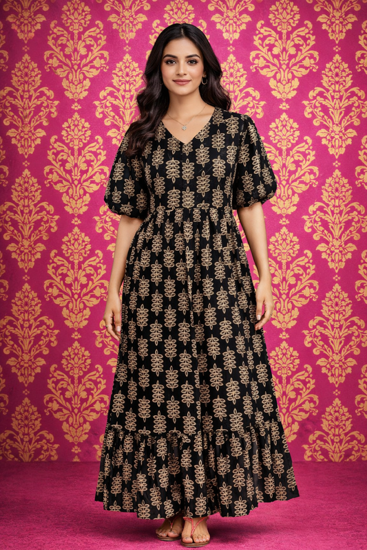 Kalamkari Cotton Puff Midi - KKMD35