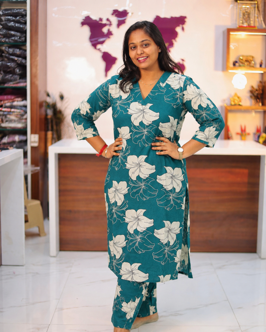 Flex Cotton Teal Green Hibiscus Co Ord Set - FCCS03