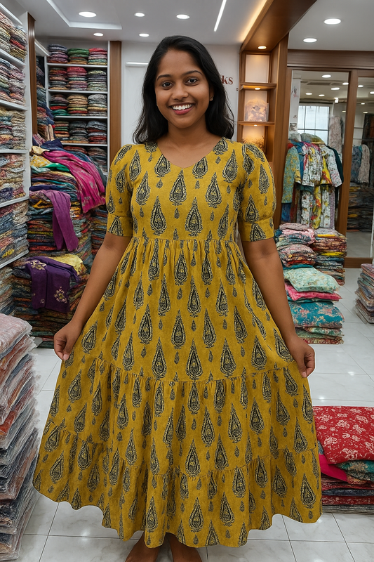 Kalamkari Cotton Puff Midi Mustard Thilak