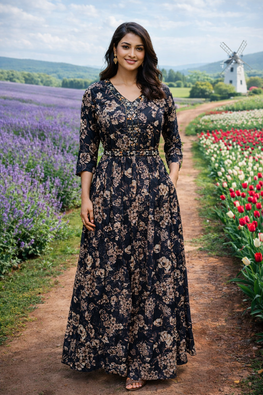 Vintage Floral Crystal Black Sequence Maxi