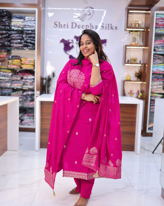 Rani Pink Elegant Embroidery Vatican Silk 3 Pcs Salwar Set - SASS01