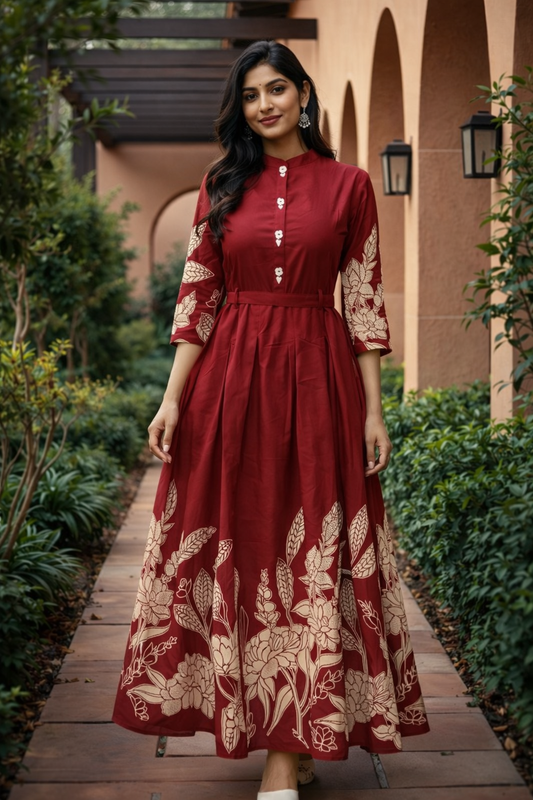 Cherry Red Floral Silk Midi - SKMD01
