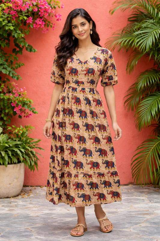 Kalamkari Cotton Puff Midi - KKMD05