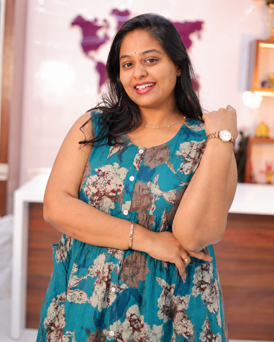 Jaipur Cotton Teal Blue Floral Motif Sleeveless Midi - CPMD05
