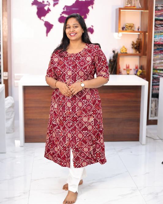 Budget Friendly Marron Heritage Diamond Plus Size Aline Kurti - PSAK22