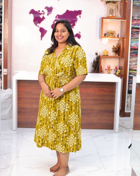 All Over Block Print Mustard Aline Kurti - PGAK02