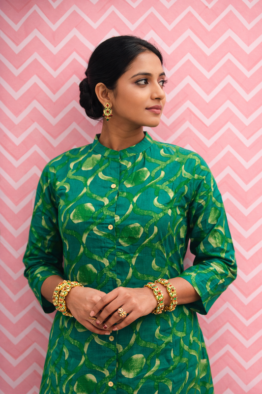 Spun Cotton Forest Green Aline Kurti - ALKT54