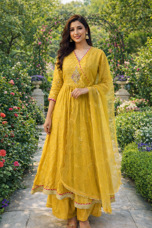 Premium Party Wear Divine Yellow 3 Pcs Anarkali Set - PPAS02